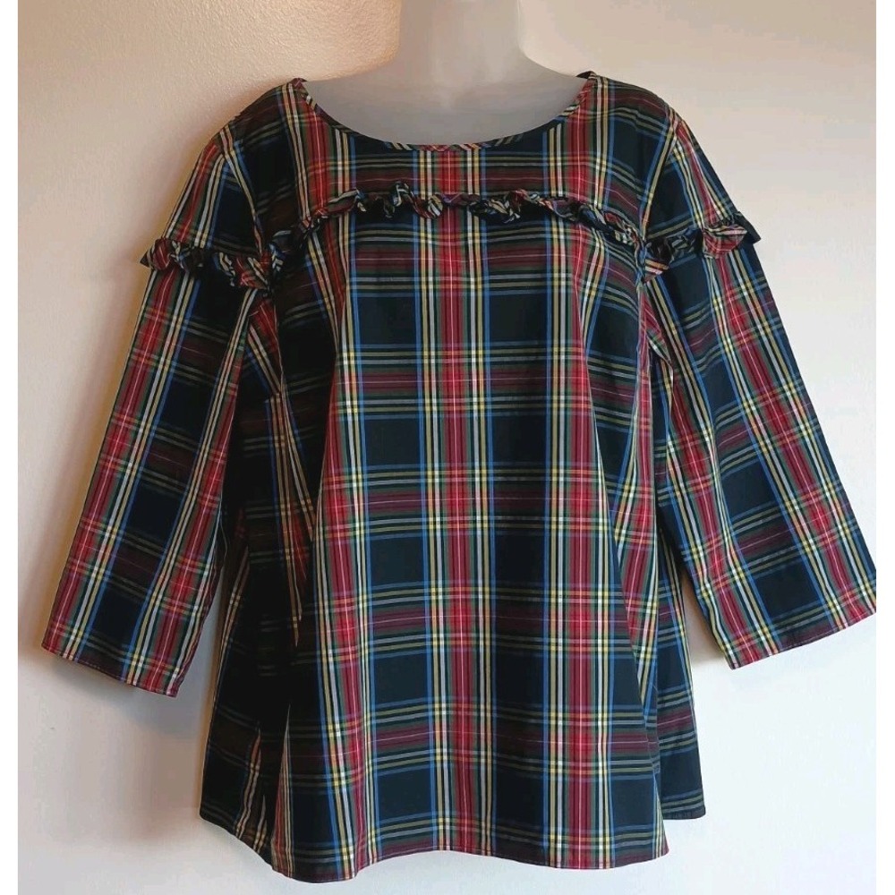 Talbots XL Tartan Plaid Ruffle Blouse Black Multicolor Holiday Preppy Top Chic